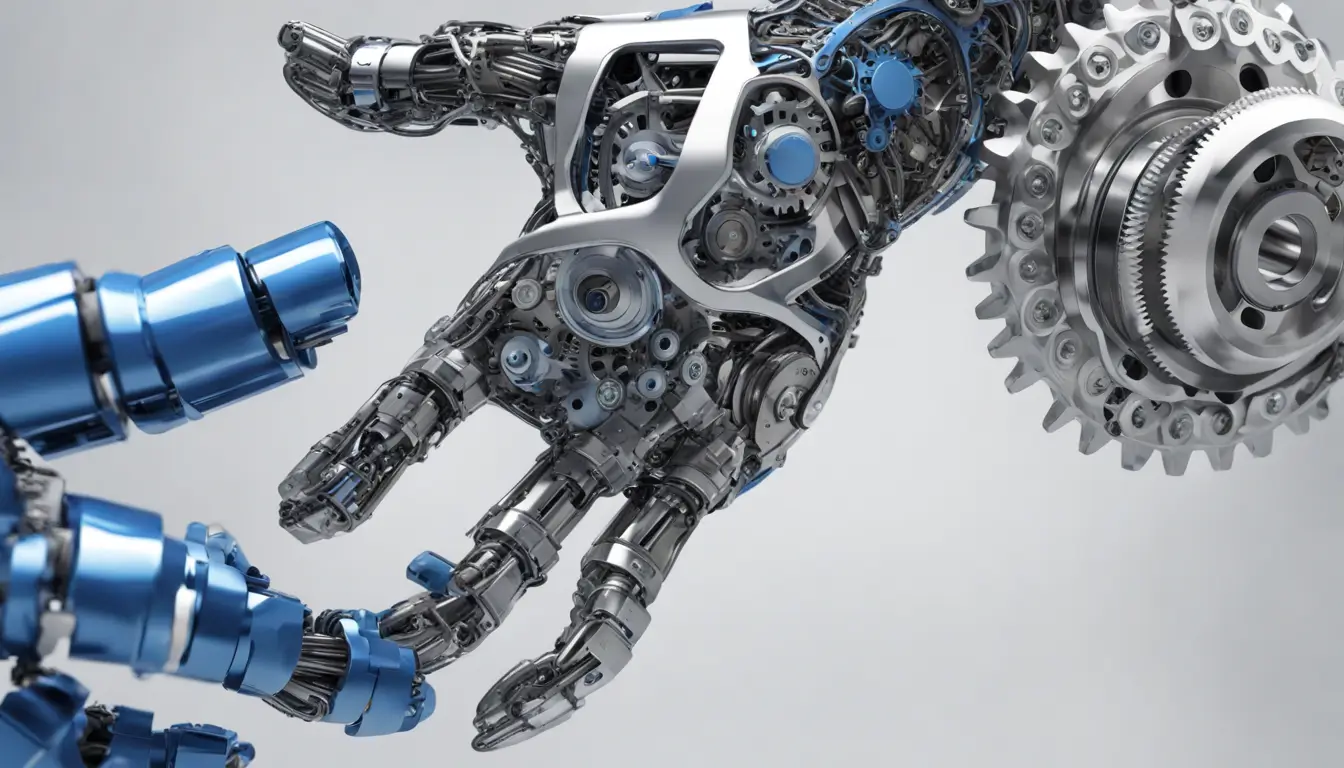 Imagem de uma mão de robô segurando uma engrenagem de marketing em meio a várias outras engrenagens, simbolizando a automação de marketing para empresas.