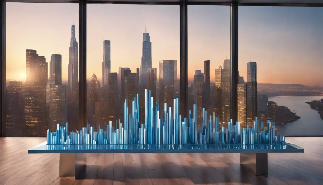 Gráfico 3D de barras metálicas em tons de azul, aumentando de esquerda para direita, em um escritório moderno com vista para a cidade ao anoitecer, simbolizando o poder da inovação no crescimento dos negócios.