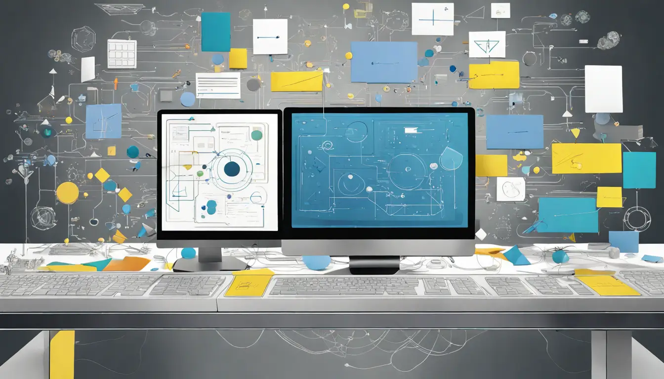 Monitor prateado exibindo fluxograma colorido representando estratégias de otimização, mãos digitando em teclado preto e mouse branco - tudo relacionado à experiência do usuário online.