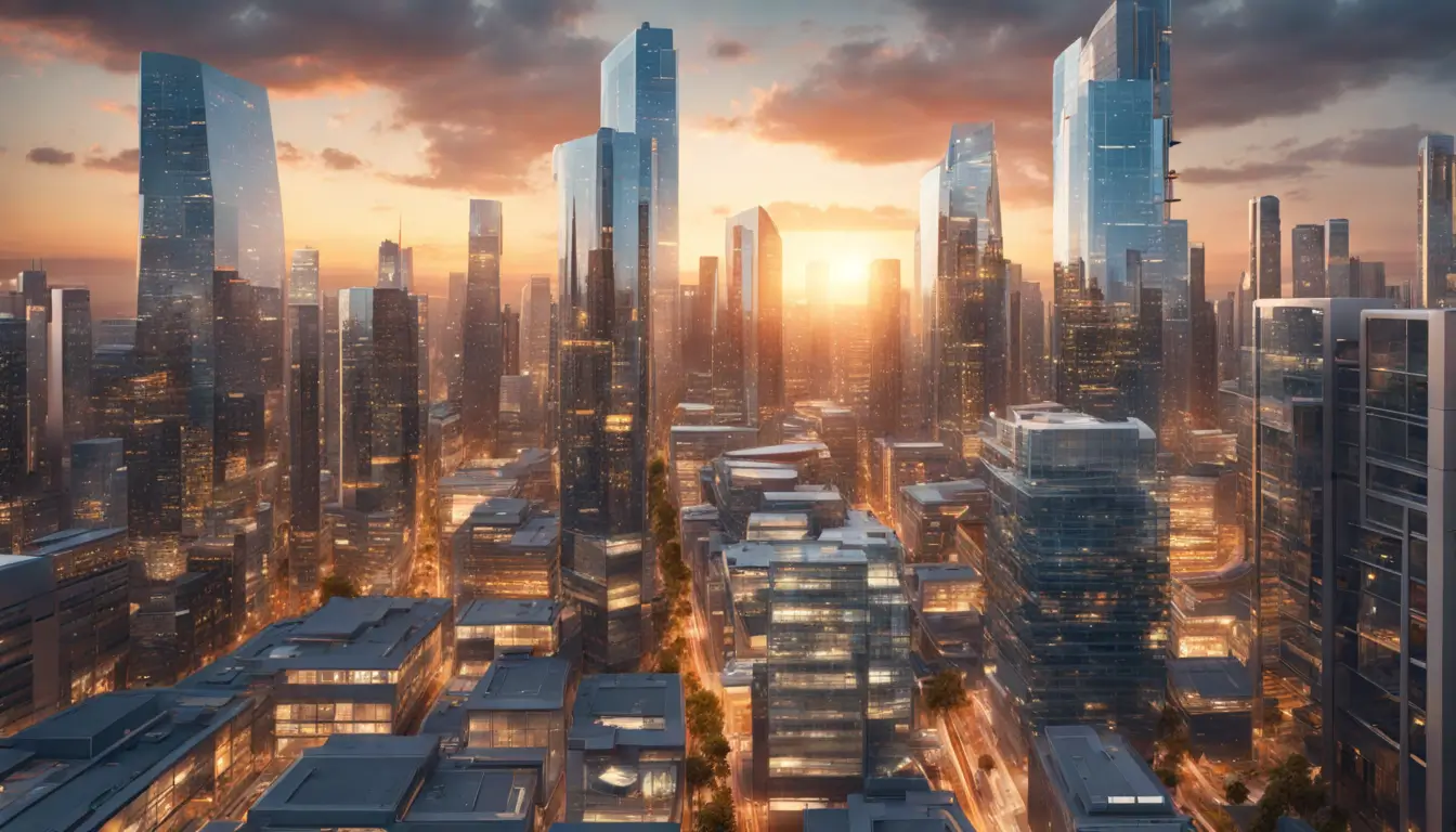 Imagem de uma paisagem urbana ao pôr do sol, destacando startups digitais em meio a arranha-céus, conectadas por uma rede digital, simbolizando a economia digital.