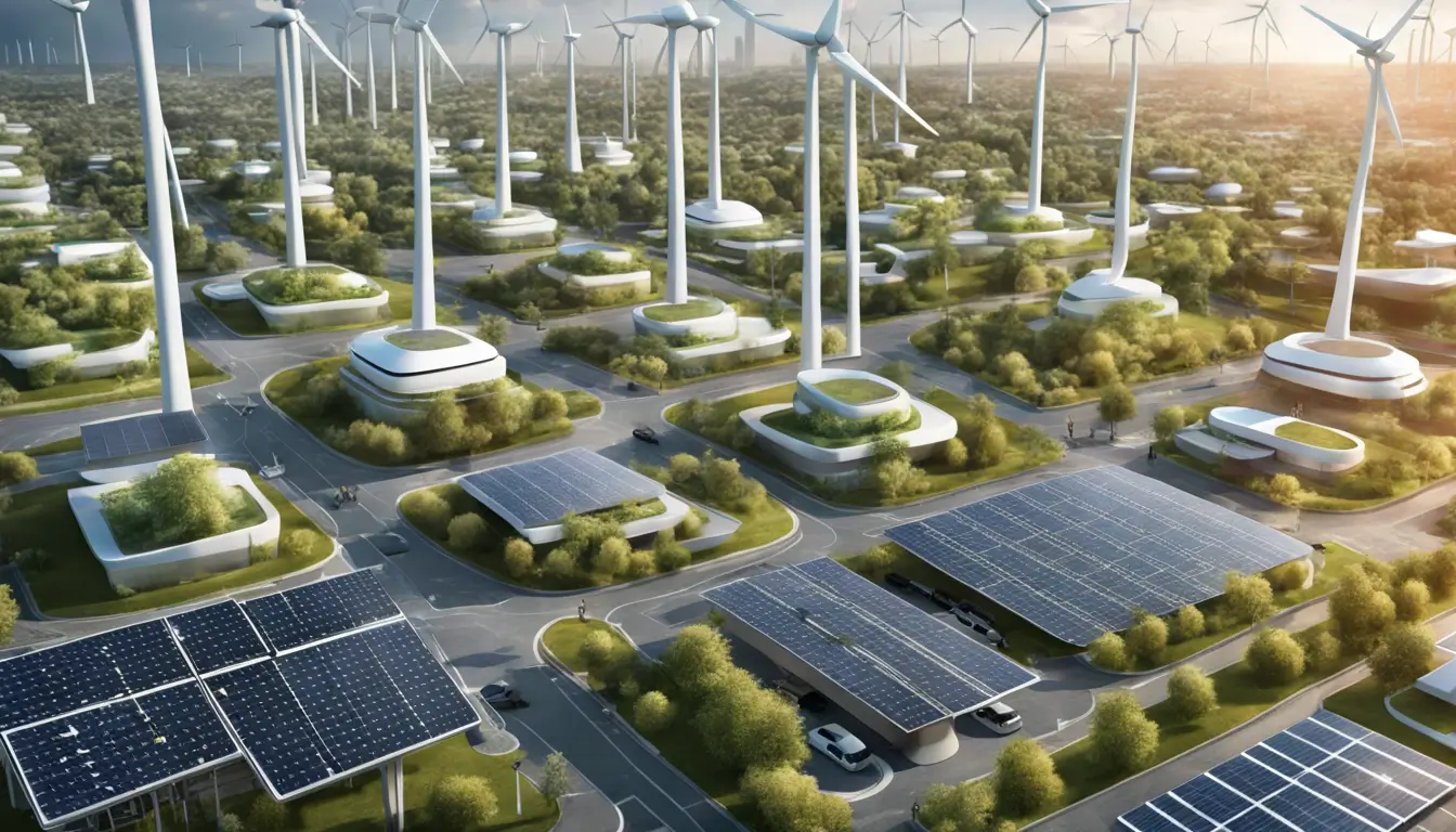 Imagem de uma cidade sustentável com painéis solares, turbinas eólicas, carros elétricos, prédios verdes e pessoas usando dispositivos digitais, simbolizando inovação e sustentabilidade nos negócios.