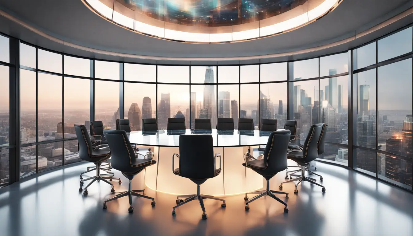 Imagem de uma sala de reuniões moderna com uma mesa de vidro redonda, cadeiras de couro, janelas grandes com vista para uma cidade próspera e uma projeção holográfica de um gráfico de crescimento de negócios.