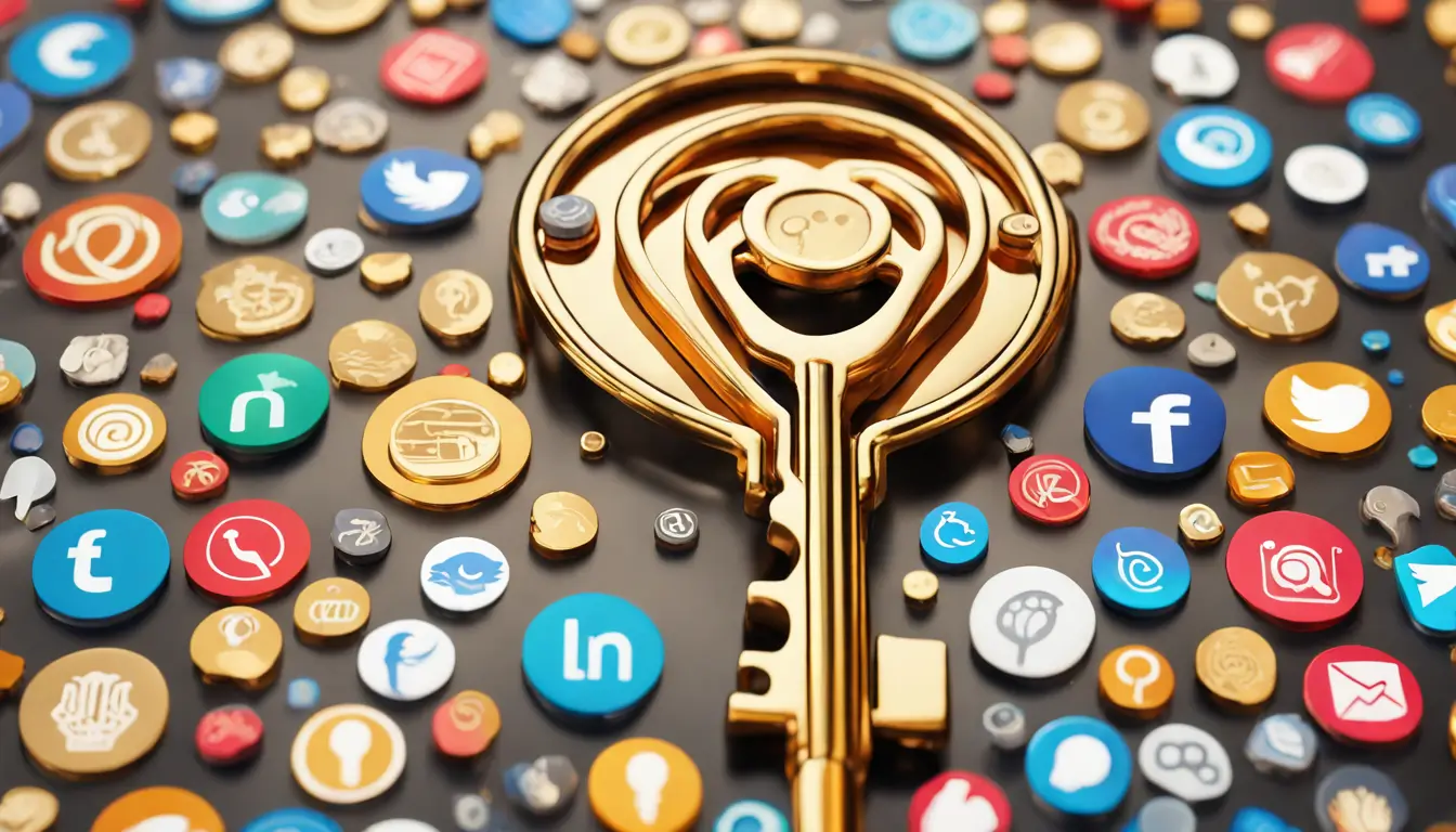Chave dourada com formato de pessoa no centro da imagem, fundo com ícones coloridos que representam elementos de marketing digital. Imagem para artigo sobre marketing personalizado.