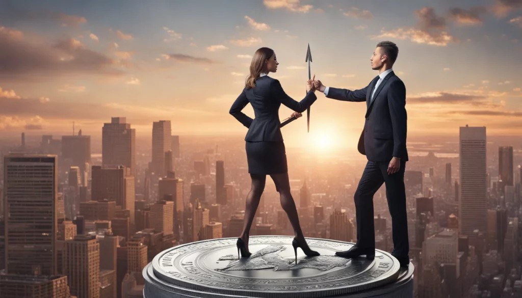 Imagem de um homem e uma mulher vestidos com trajes de negócios, em pé em uma moeda grande de prata com uma seta apontando para cima, e o horizonte da cidade ao pôr do sol, representando o papel do empreendedorismo na economia moderna.