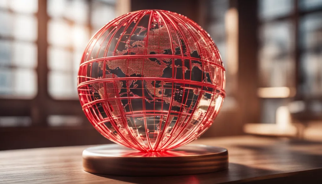 Imagem de um globo luminoso representando o mundo digital com finas linhas vermelhas conectando mini negócios dourados em uma mesa de madeira, ilustrando como o marketing digital está mudando o jogo para as empresas.