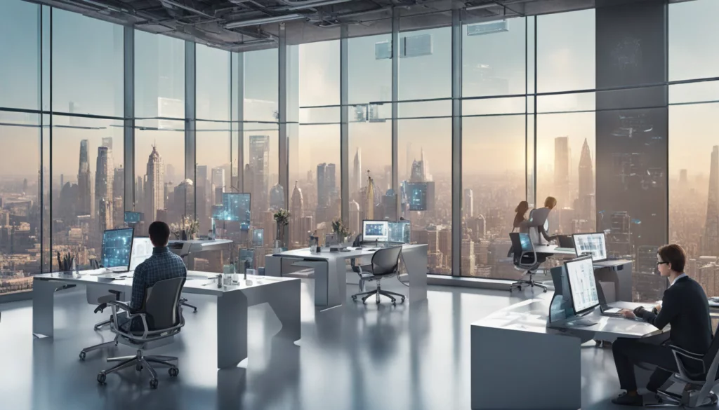 Imagem de um escritório moderno com mesas de vidro, telas holográficas, um robô servindo café e humanos e robôs trabalhando juntos, com a cidade ao fundo. Descreve o futuro do trabalho moldado pela tecnologia.