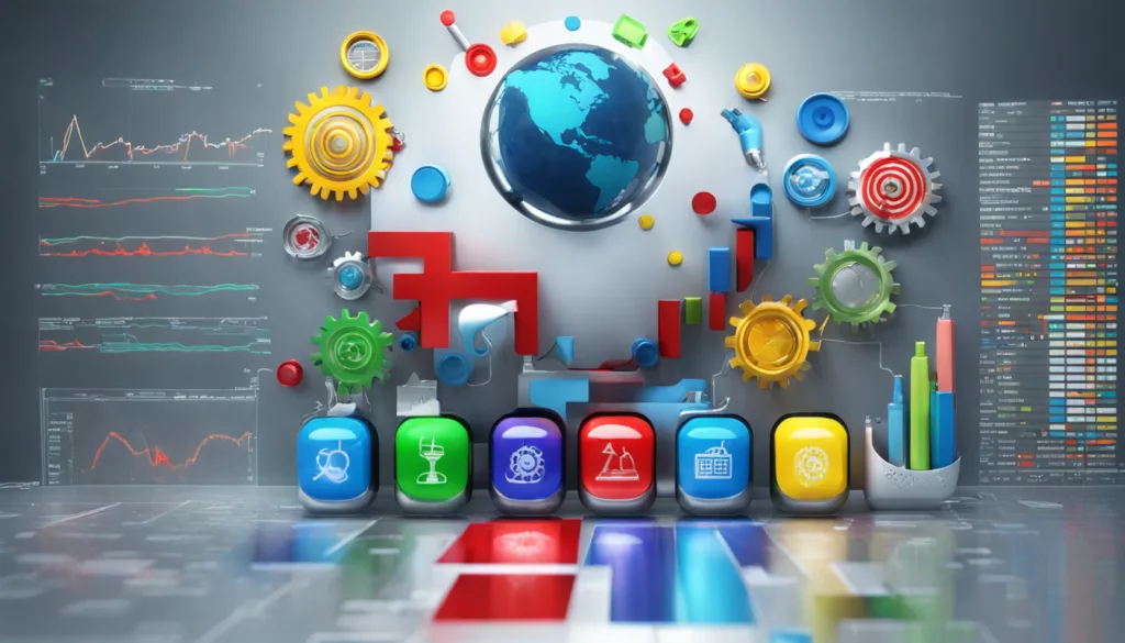 Grande tela de computador exibindo ícones de marketing, como gráfico de barras, engrenagem, globo, lâmpada e alvo, em materiais metálicos e cores vibrantes, simbolizando estratégias de marketing digital.