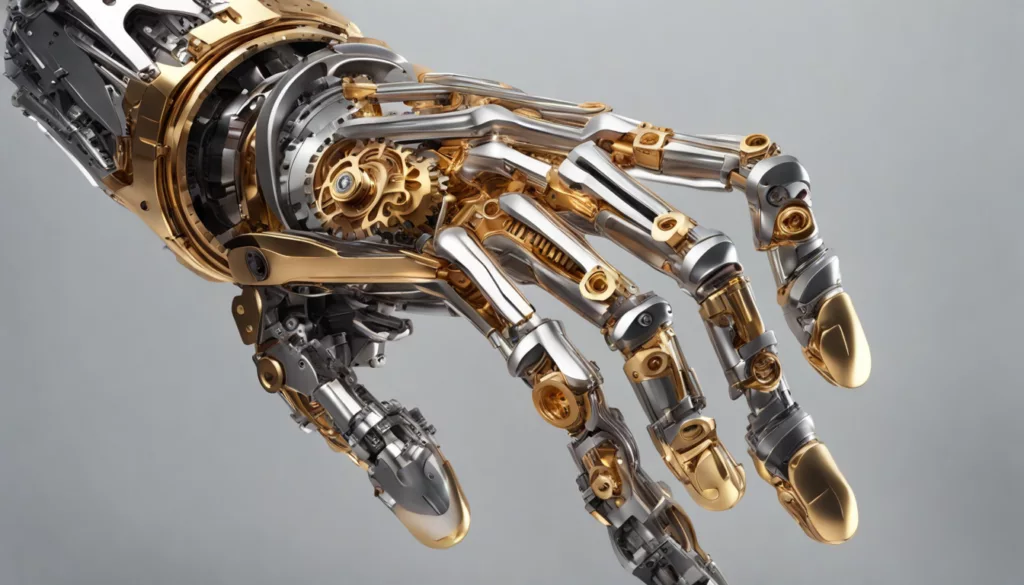 Imagem destacando a automação com uma mão robótica prateada colocando uma engrenagem dourada em um sistema de máquinas, representando a eficiência nos negócios.