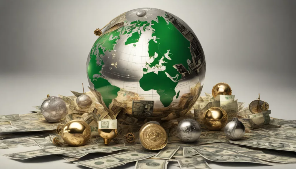 Ilustração do globo dourado com logotipos de startups, rodeado por notas de dinheiro, simbolizando o impacto das startups na economia global.