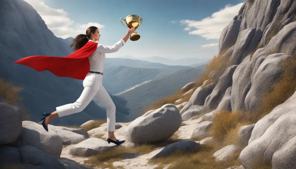 Mulher de negócios subindo montanha rochosa com capa vermelha e segurando troféu dourado, simbolizando a jornada do empreendedorismo e suas recompensas.