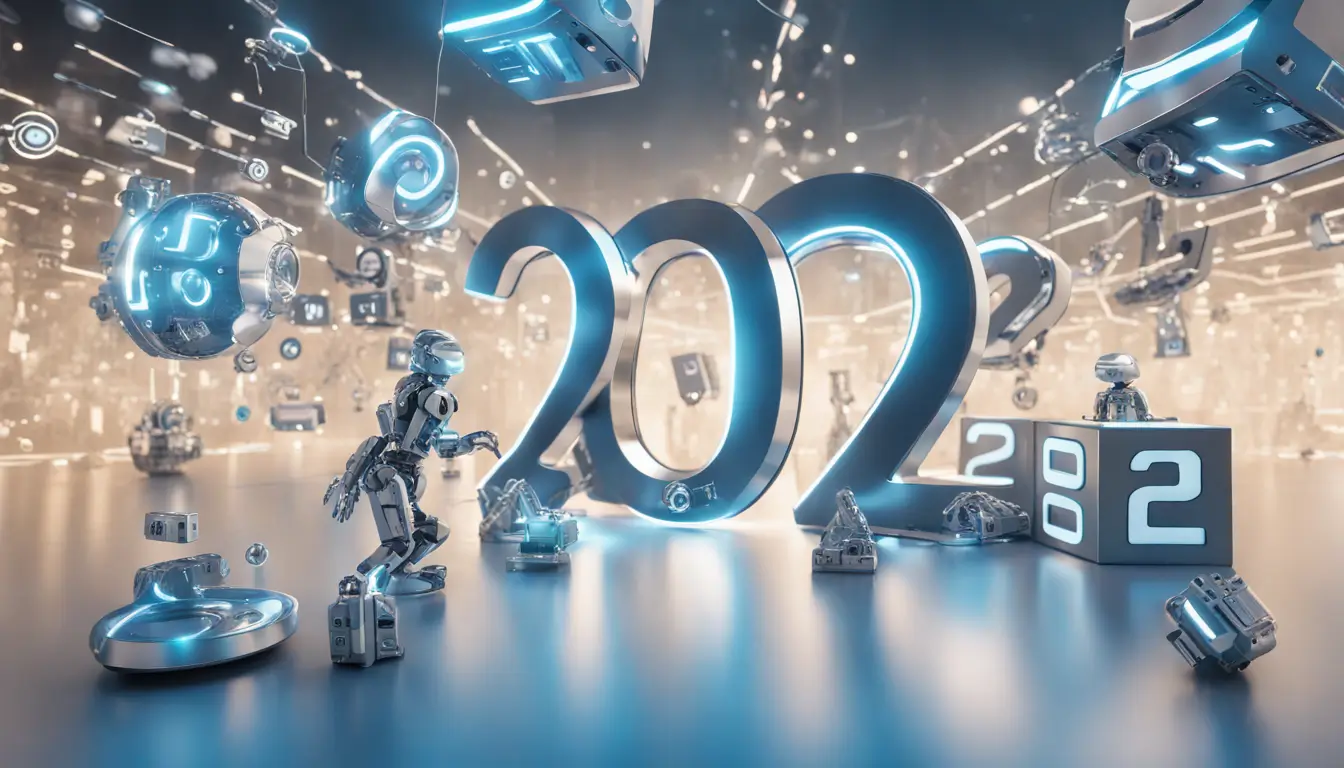 Imagem principal que destaca o número 2022 prateado e futurista rodeado por ícones tecnológicos como robô, nuvem, headset de realidade virtual e blockchain em um fundo azul de circuitos.