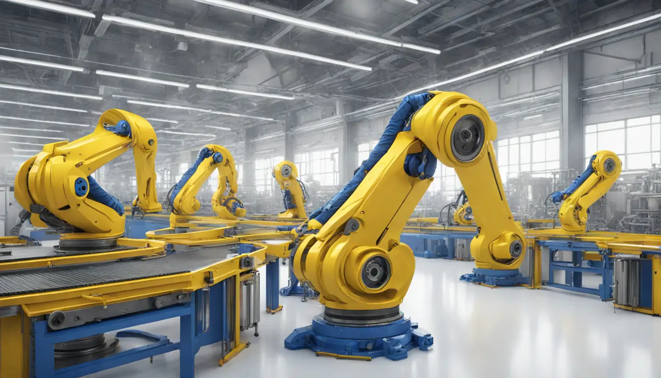 Robô industrial prateado e azul montando engrenagens amarelas em uma esteira, ilustrando como a automação está mudando o mundo do trabalho.