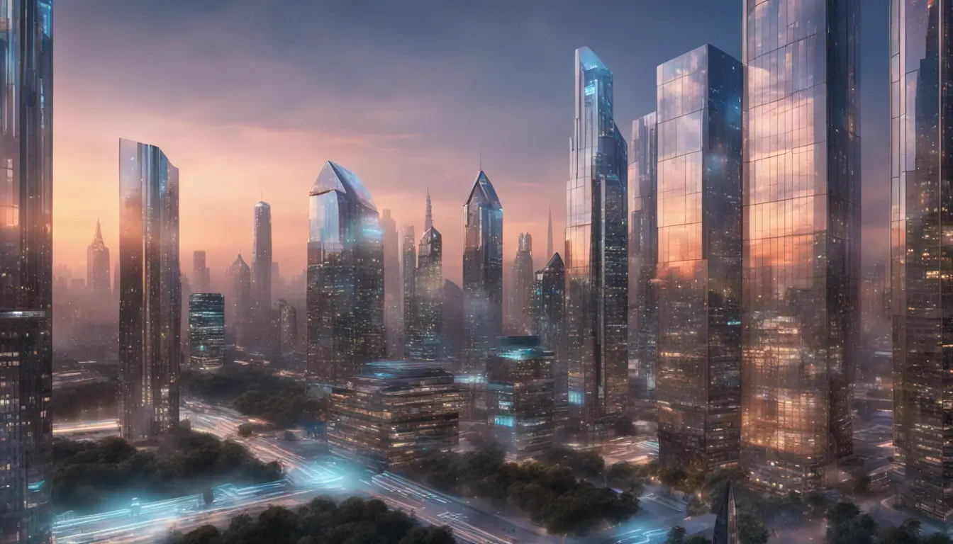 Imagem de um horizonte de cidade ao anoitecer, com edifícios de vidro altos projetando holograficamente tecnologias emergentes como IA, robótica, blockchain e dispositivos IoT.