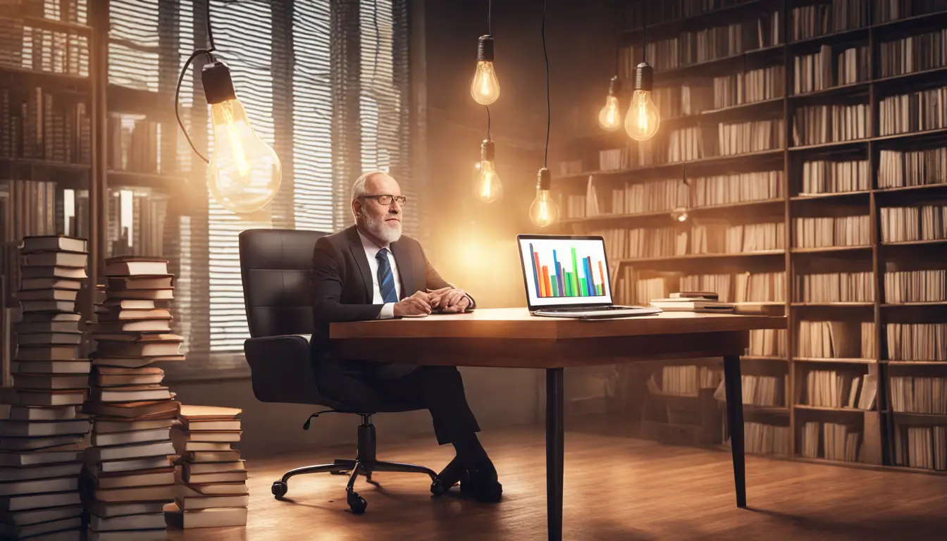 Imagem de um empresário maduro em seu escritório, analisando gráficos no laptop e estudando livros de empreendedorismo, com uma lâmpada acesa flutuando acima de sua cabeça.