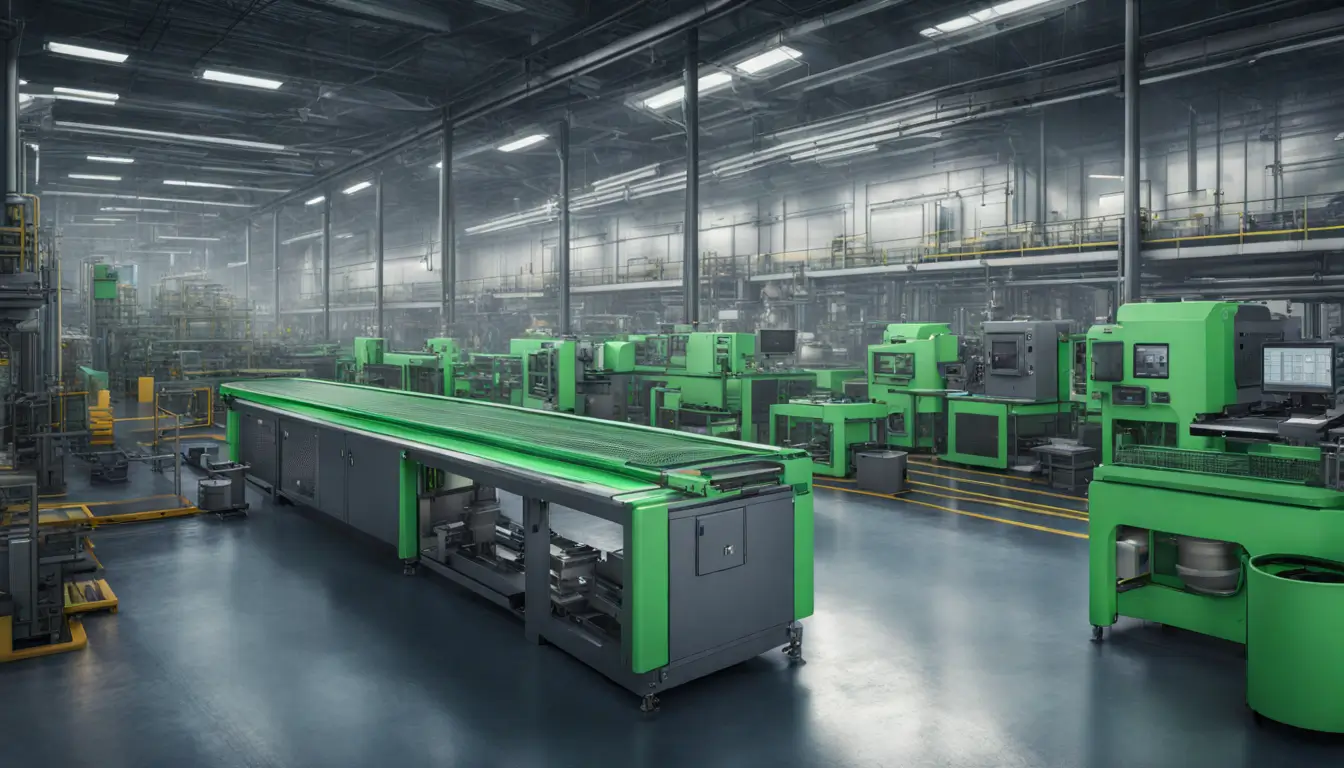 Imagem de uma fábrica industrial automatizada demonstrando alta produtividade com máquinas em tons de cinza e azul e um grande monitor digital mostrando gráficos de produtividade em verde.