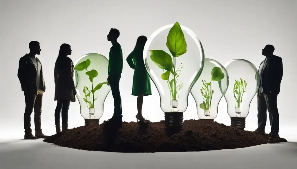 Cinco silhuetas ao redor de uma lâmpada brilhante plantada no solo com folhas verdes, simbolizando a cultura de inovação nas empresas.