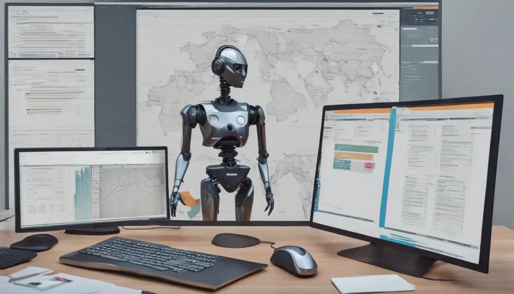 Imagem mostrando automação de CRM em um escritório futurista com robôs e hologramas para gestão de relacionamento com o cliente.