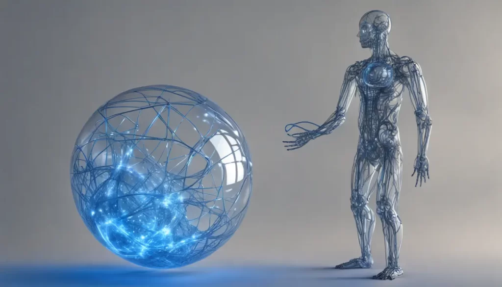 Figura humanóide de circuitos segurando globo terrestre com ícones de IA e tecnologia emergente, simbolizando o futuro da IA para SEO.