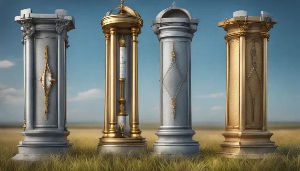 Três pilares de pedra representando os pilares do empreendedorismo visionário, com bússola dourada, relógio prateado e livro aberto.