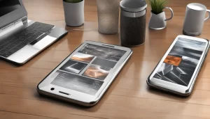 Smartphones e tablets exibindo gráficos e aplicativos de negócios em uma mesa de madeira, simbolizando a importância da tecnologia para empresas.