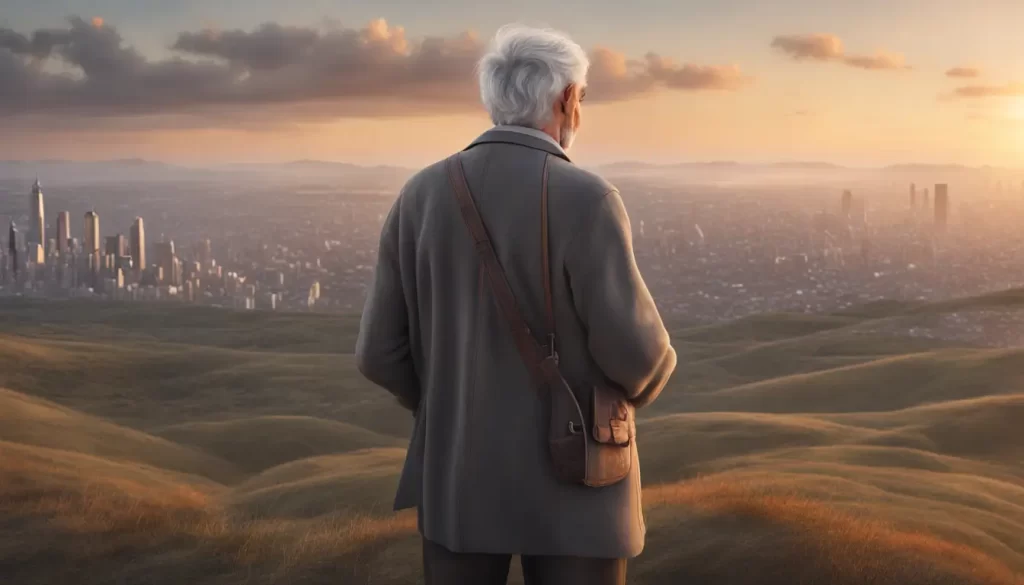 Homem idoso com cabelos grisalhos em uma colina olhando para o horizonte com uma bússola na mão ao pôr do sol, simbolizando visão e liderança.