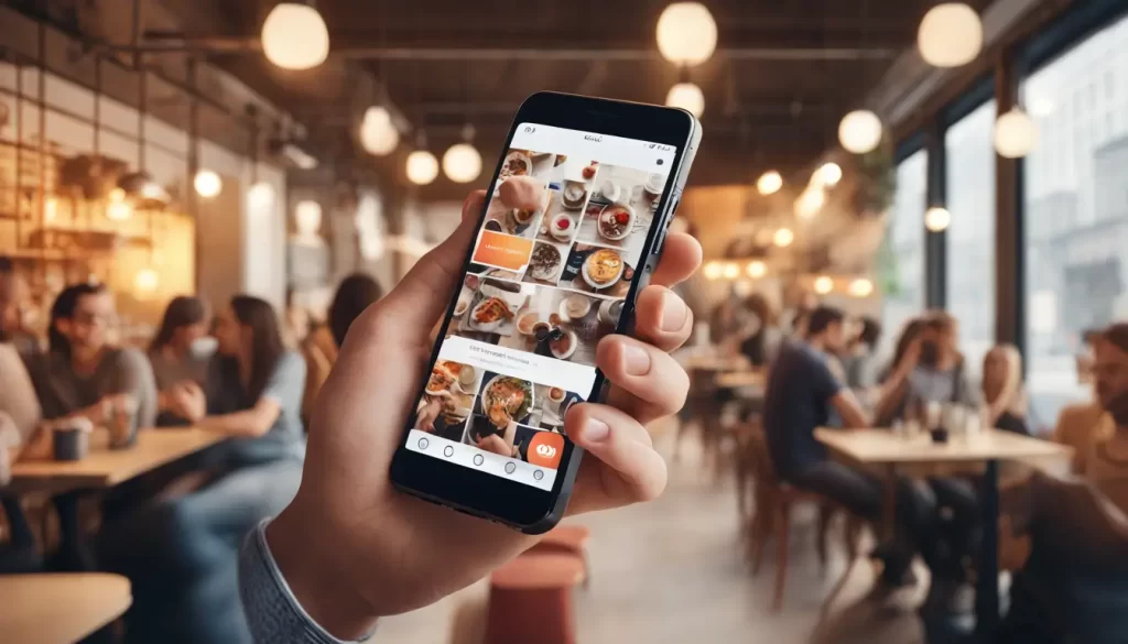 Pessoas diversas observam novidades no algoritmo do Instagram em um smartphone, expressando surpresa e curiosidade em um café moderno.