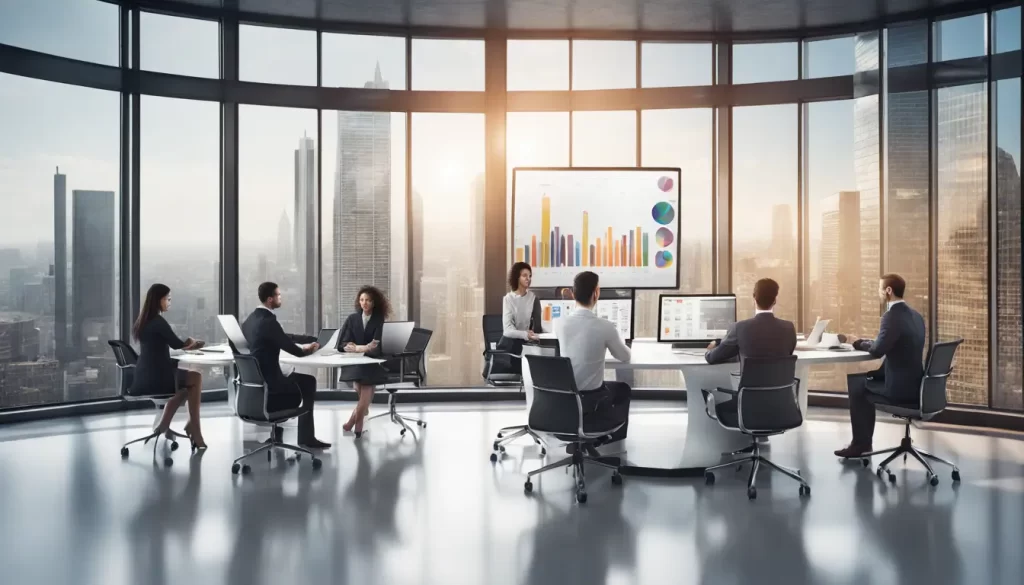 Profissionais diversos em reunião com laptops e tablet em uma sala de escritório moderna e organizada, refletindo eficiência empresarial.