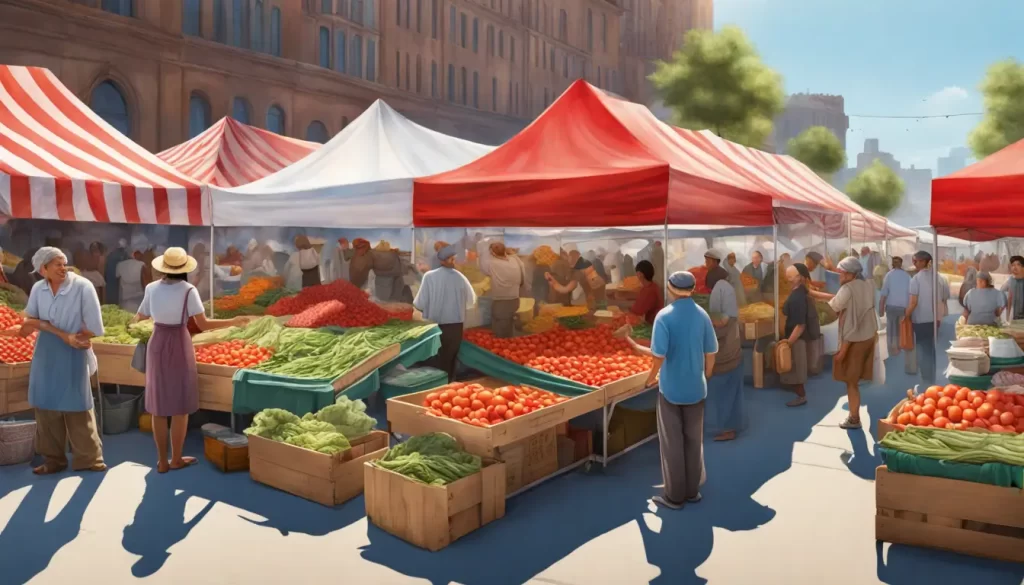 Mercado de agricultores movimentado com pessoas diversificadas comprando e vendendo produtos frescos sob um céu azul.