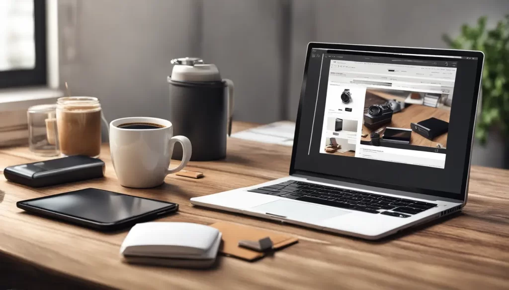 Configuração moderna de uma mesa de trabalho com monitor de computador, smartphone, câmera digital e itens de escritório, focando em vendas digitais.