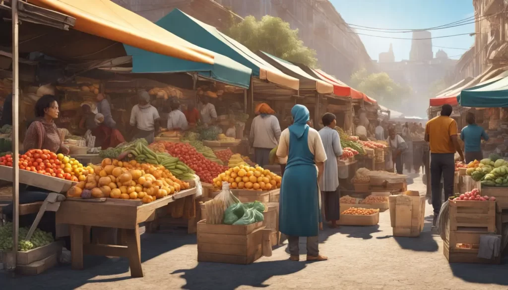 Mercado ao ar livre movimentado com pessoas de diversas etnias comprando e vendendo produtos variados, em um dia ensolarado.